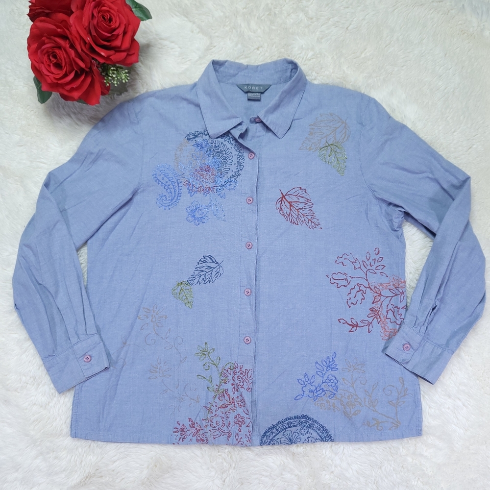 Koret Denim 100% Cotton Longsleeve Button Down with embroidered designs Size L
